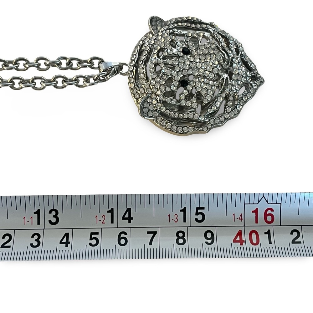 Large Silver Crystal Tiger Face Statement Pendant… - image 7
